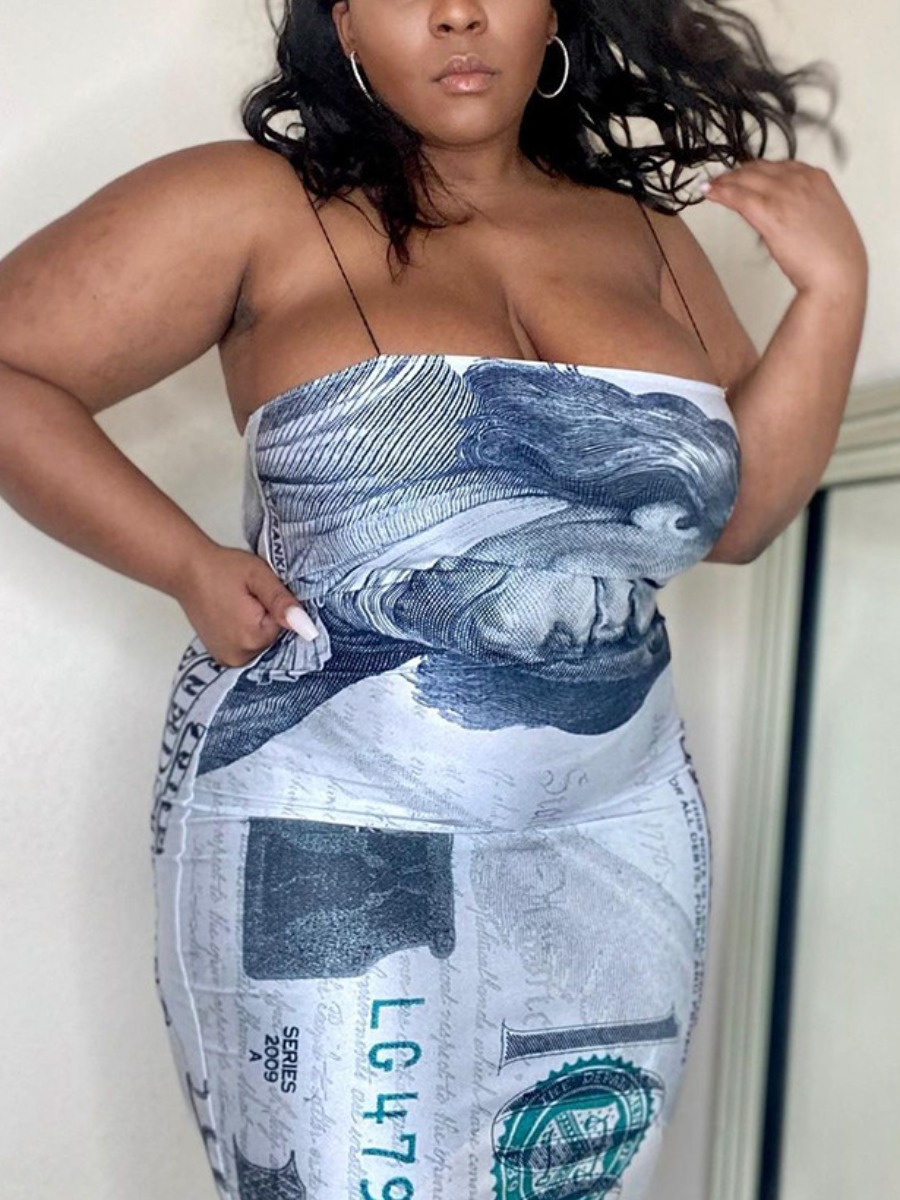 

Lovely Plus Size Street Portrait Letter Print Cyan Mini Dress