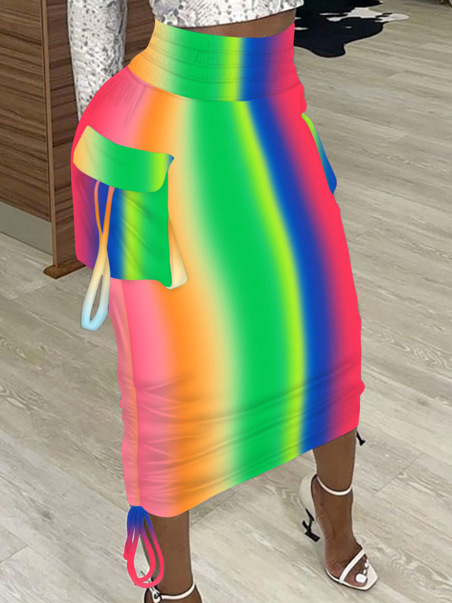 

Lovely Casual Rainbow Stripe Side Pocket Multicolor Mid Calf Skirt, Multi