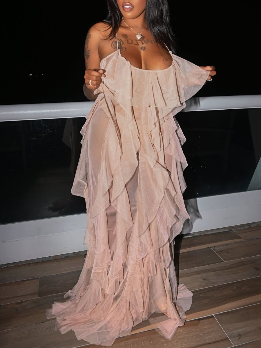 

Lovely Sweet Backless See-through Flounce Design Pink Trailing Dress