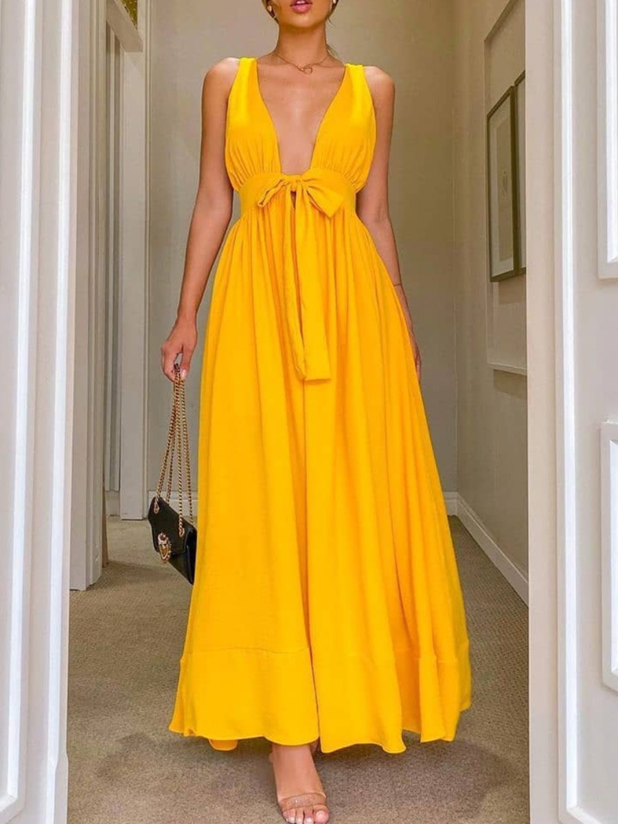 

Lovely Romantic Backless Fold Design Yellow Ankle Length A Line Dress