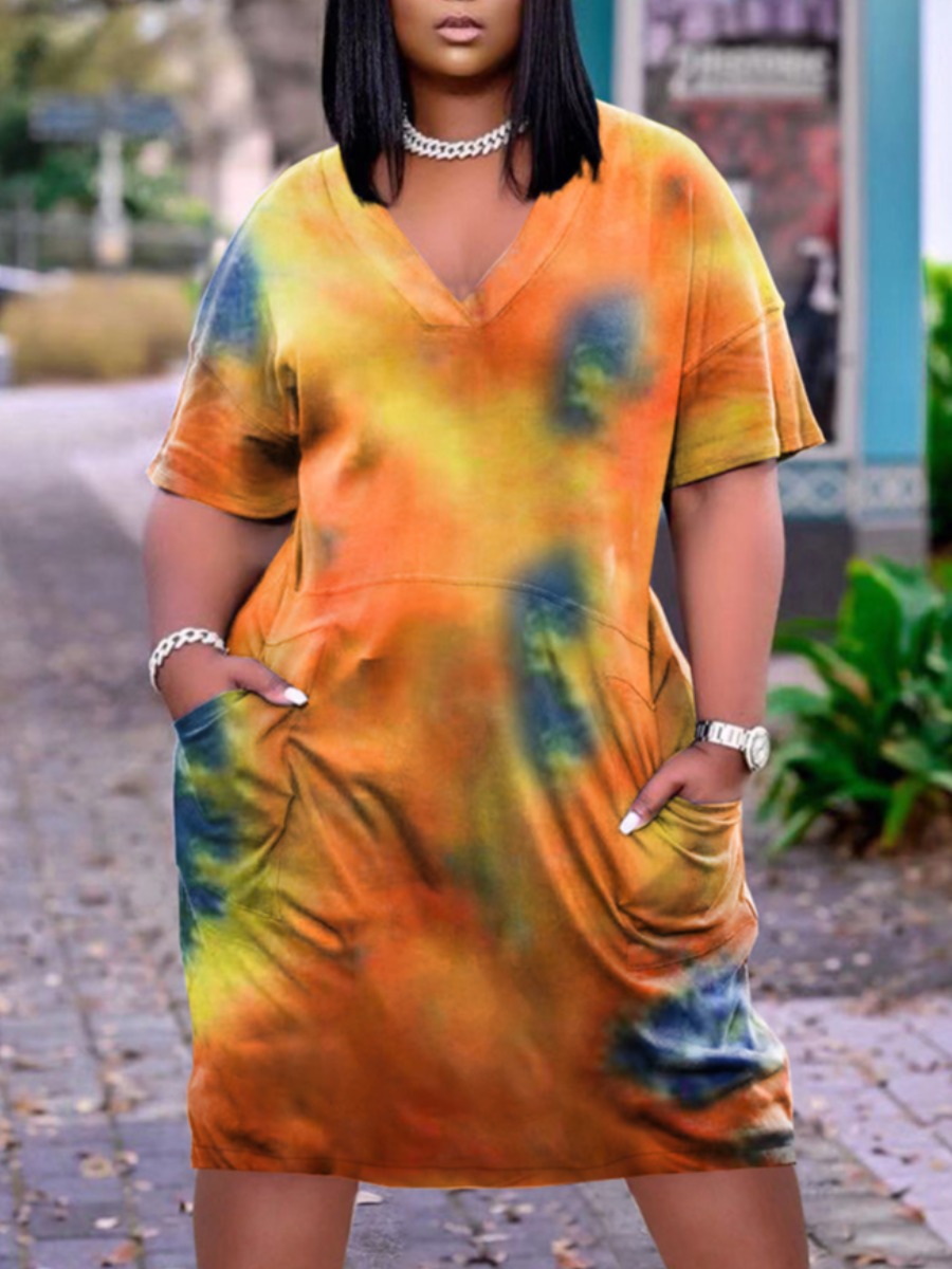 

LW Casual V Neck Tie-dye Croci Knee Length Dress