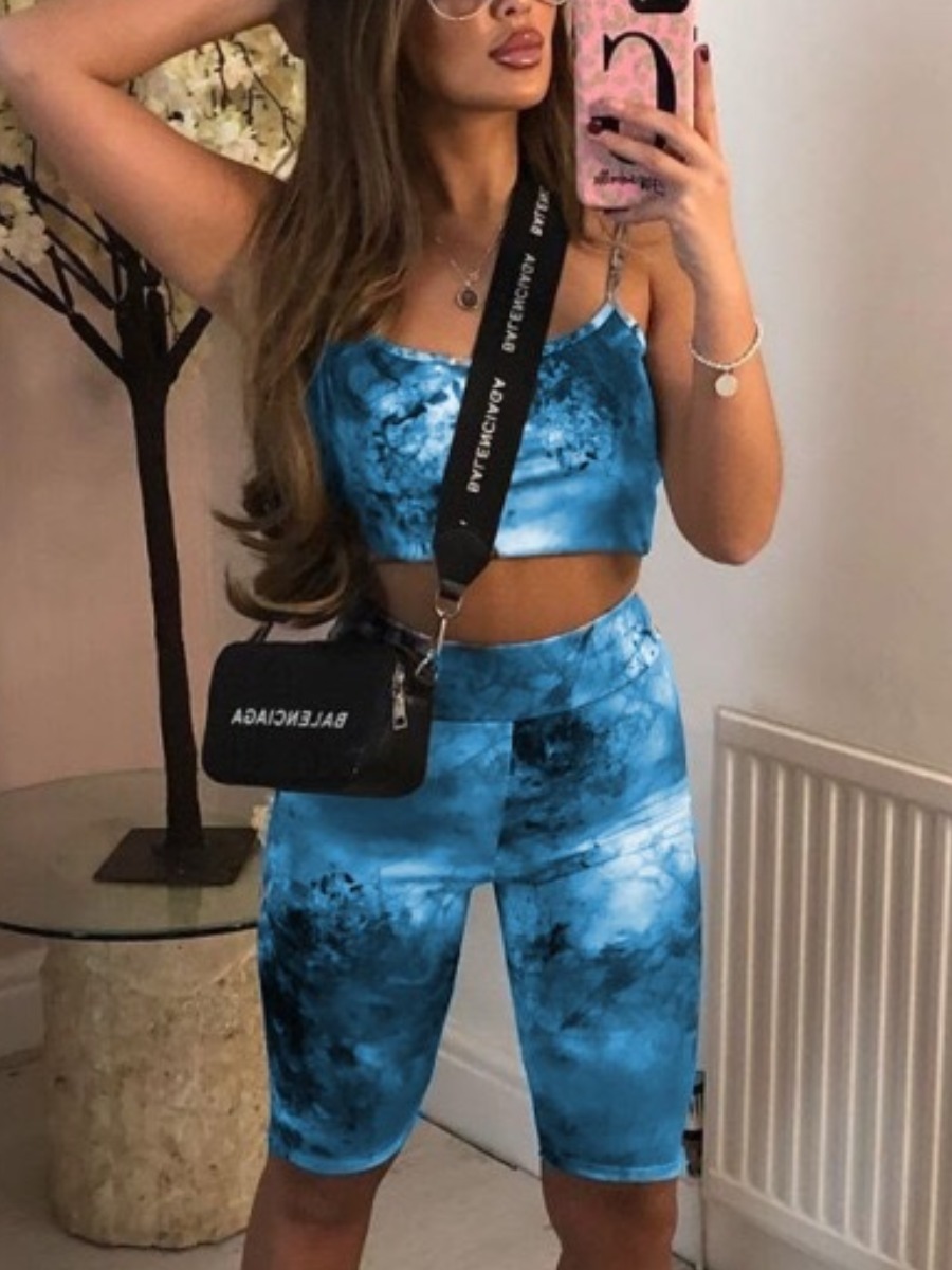 

Lovely Street U Neck Tie Dye Blue Two Piece Shorts Set