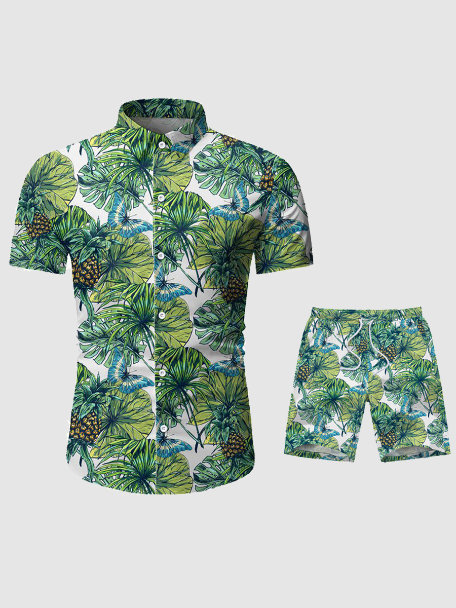 

Lovely Men Boho Floral Print Drawstring Green Two Piece Shorts Set