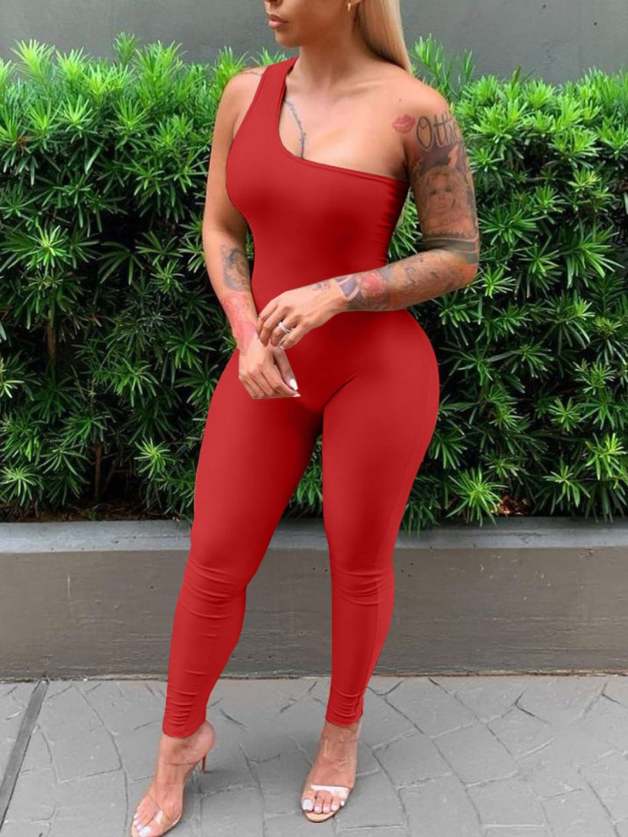 

LW Sporty One Shoulder Basic Skinny Red One-piece Jumpsuit