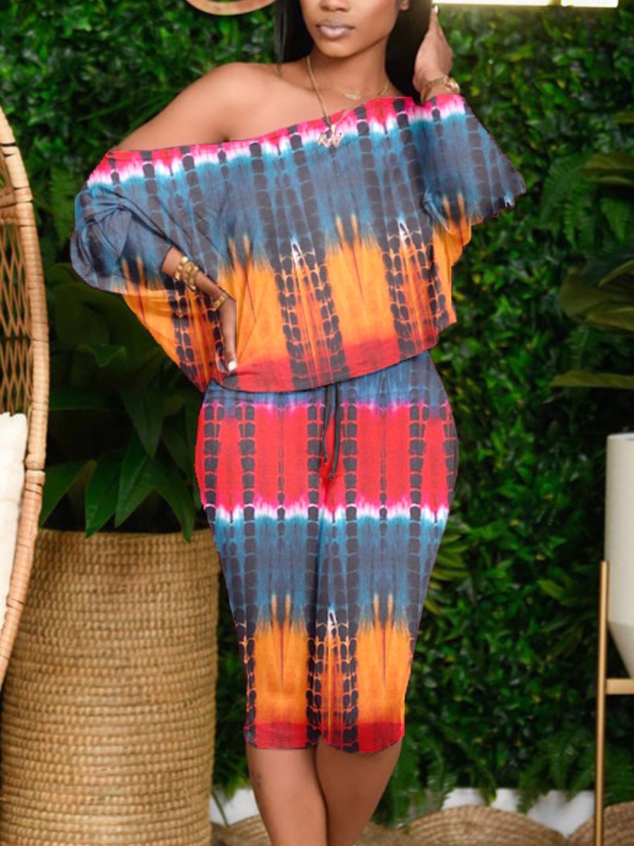 

LW Street Batwing Sleeve Tie Dye Blue Two Piece Shorts Set