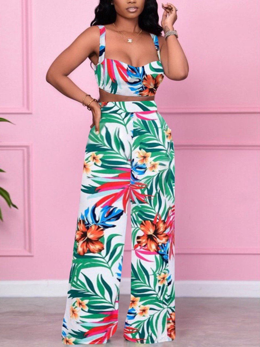 

Lovely Boho U Neck Floral Print Green Two Piece Pants Set
