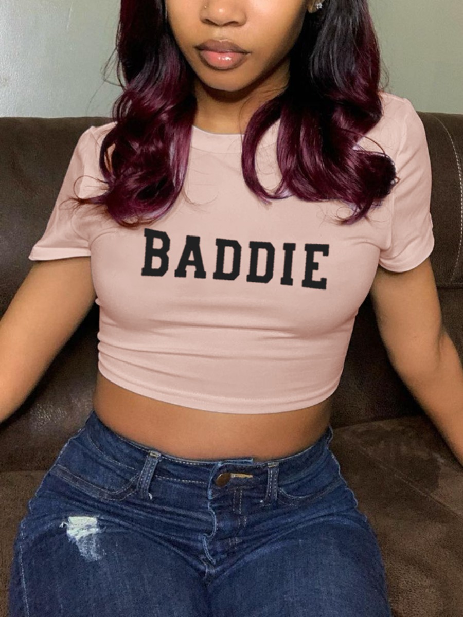 

Lovely Casual O Neck Letter Print Pink T-shirt