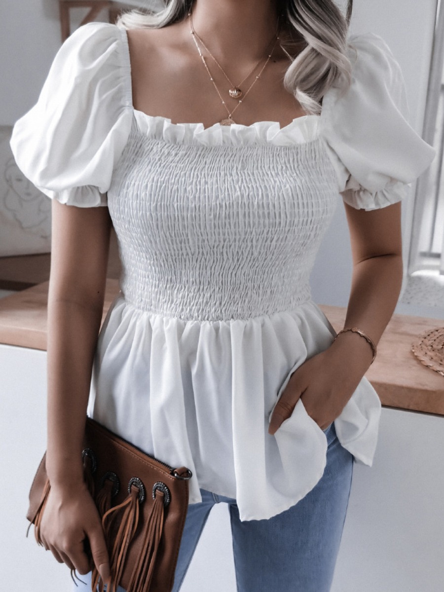 

Lovely Sweet Square Neck Ruffle Design White Blouse