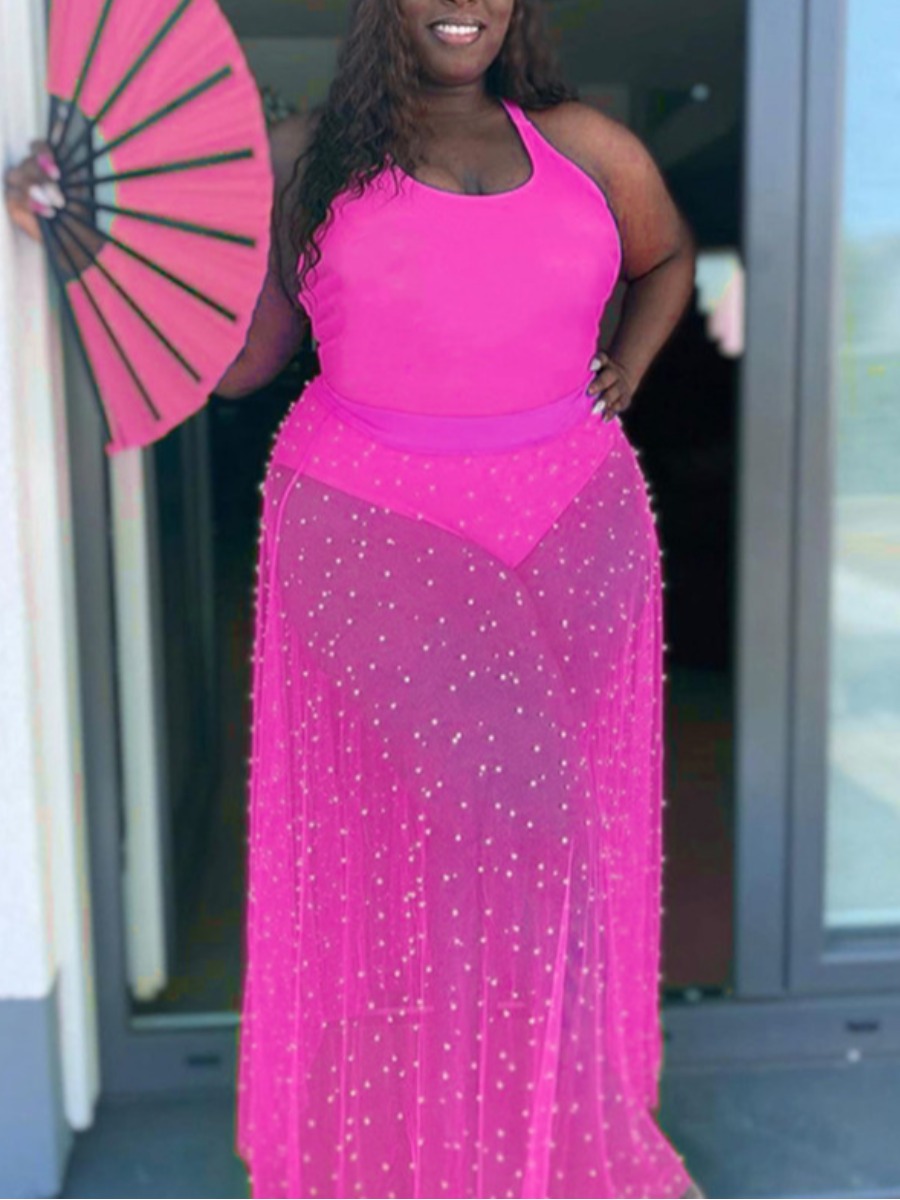 

Lovely Plus Size Boho U Neck See-through Rose Red Two-piece Skirt Set