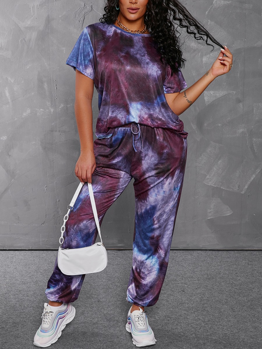 

Lovely Casual Tie Dye Drawstring Multicolor Two Piece Pants Set, Multi