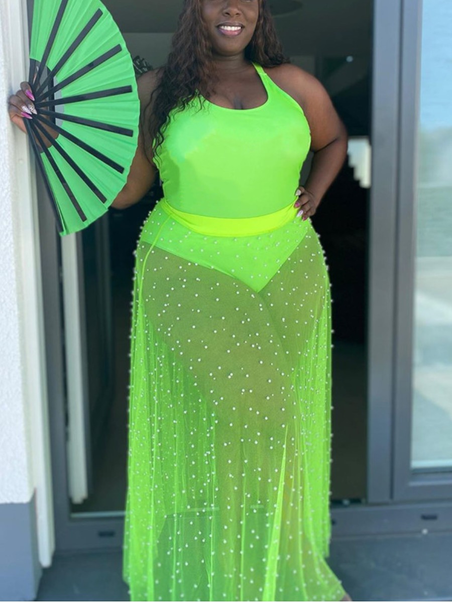

Lovely Plus Size Boho U Neck See-through Green Two-piece Skirt Set
