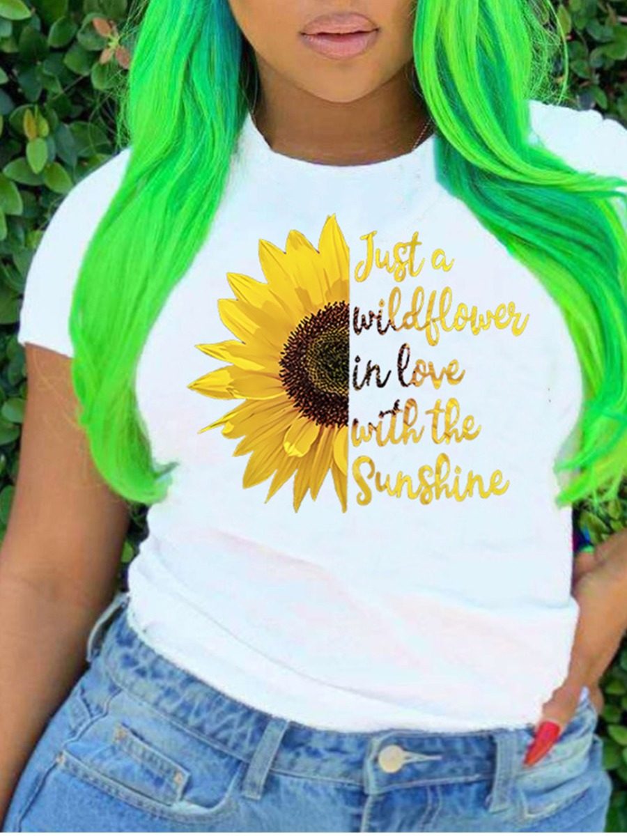 

Lovely Plus Size Casual Floral Letter Print White T-shirt