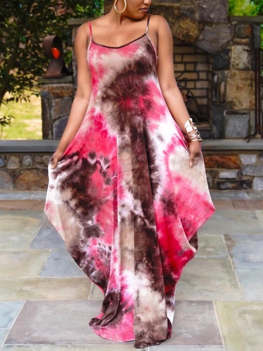 

Lovely Plus Size Casual Tie-dye Fold Design Rose Red Floor Length Dress
