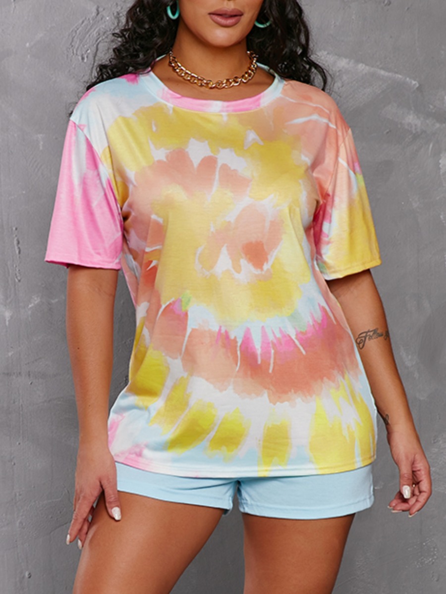 

Lovely Casual O Neck Tie Dye Multicolor Two Piece Shorts Set, Multi