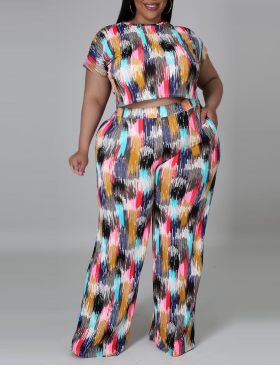 

Lovely Plus Size Casual Print Patchwork Multicolor Two-piece Pants Set, Multi