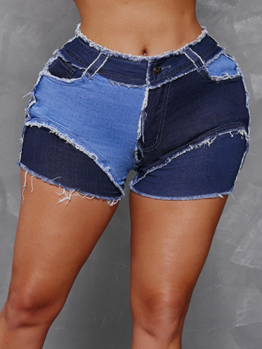 

LW Casual Color-lump Raw Edge Blue Denim Shorts