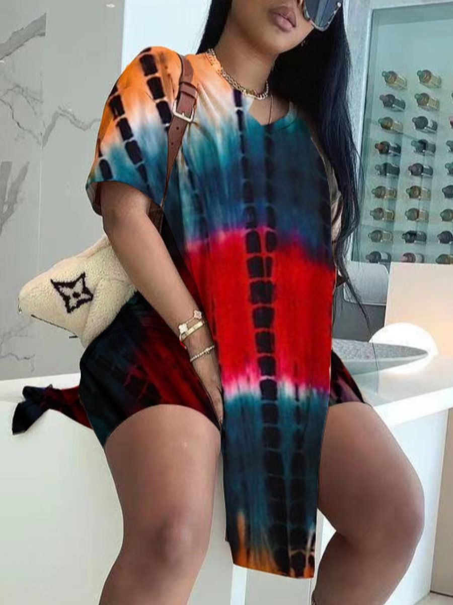 

Lovely Street Tie Dye Split Red Two Piece Shorts Set