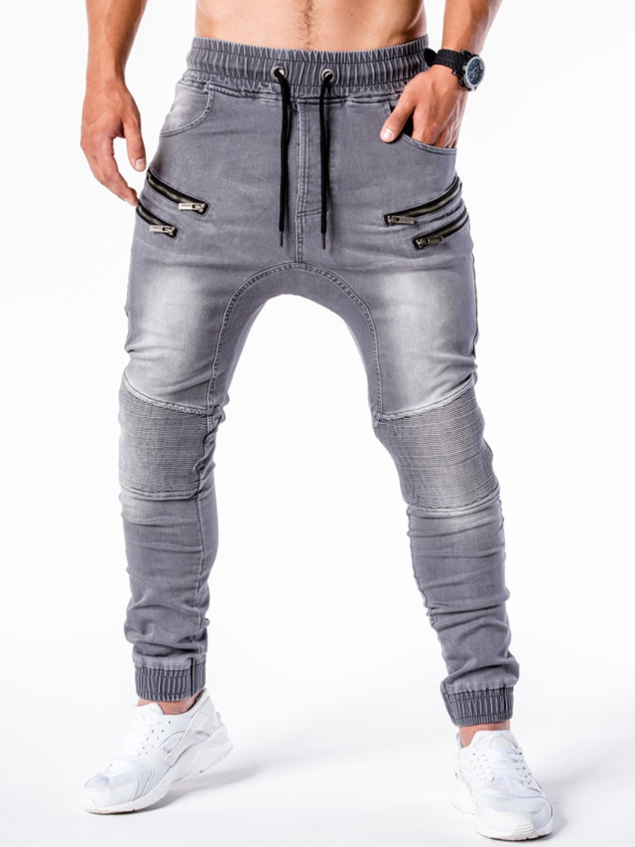 

Lovely Men Street Drawstring Zipper Design Grey Jeans
