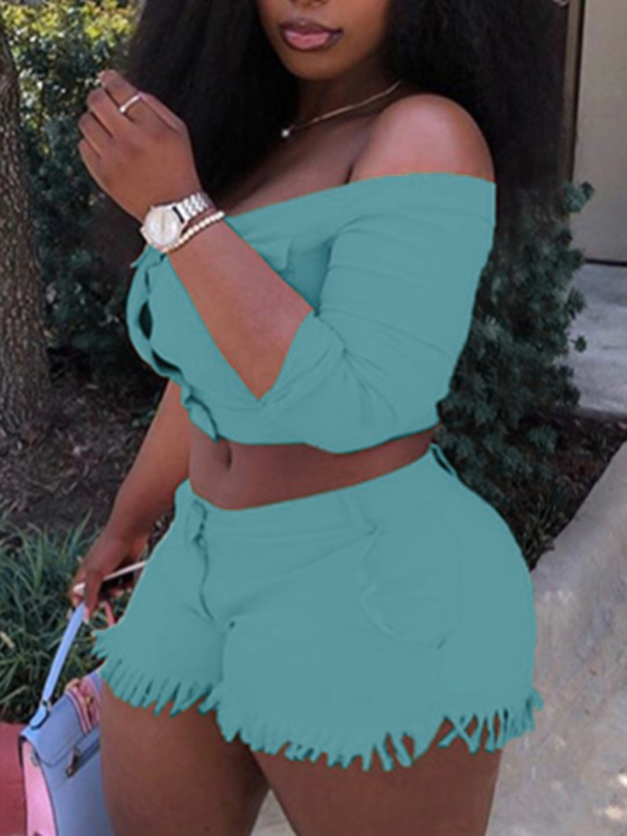 

Lovely Plus Size Casual Off The Shoulder Raw Edge Green Two-piece Shorts Set