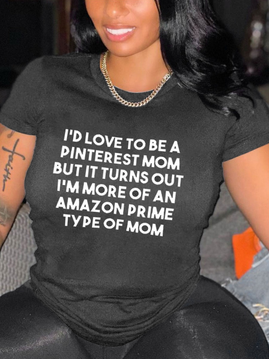 

Lovely Plus Size Casual O Neck Letter Print Grey Black T-shirt