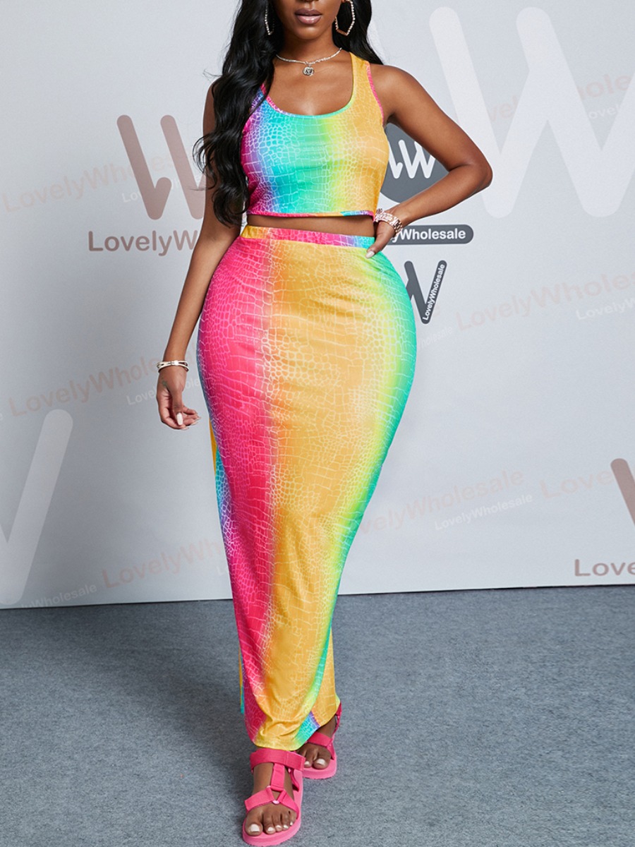 

Lovely Casual U Neck Gradient Multicolor Two Piece Skirt Set, Multi