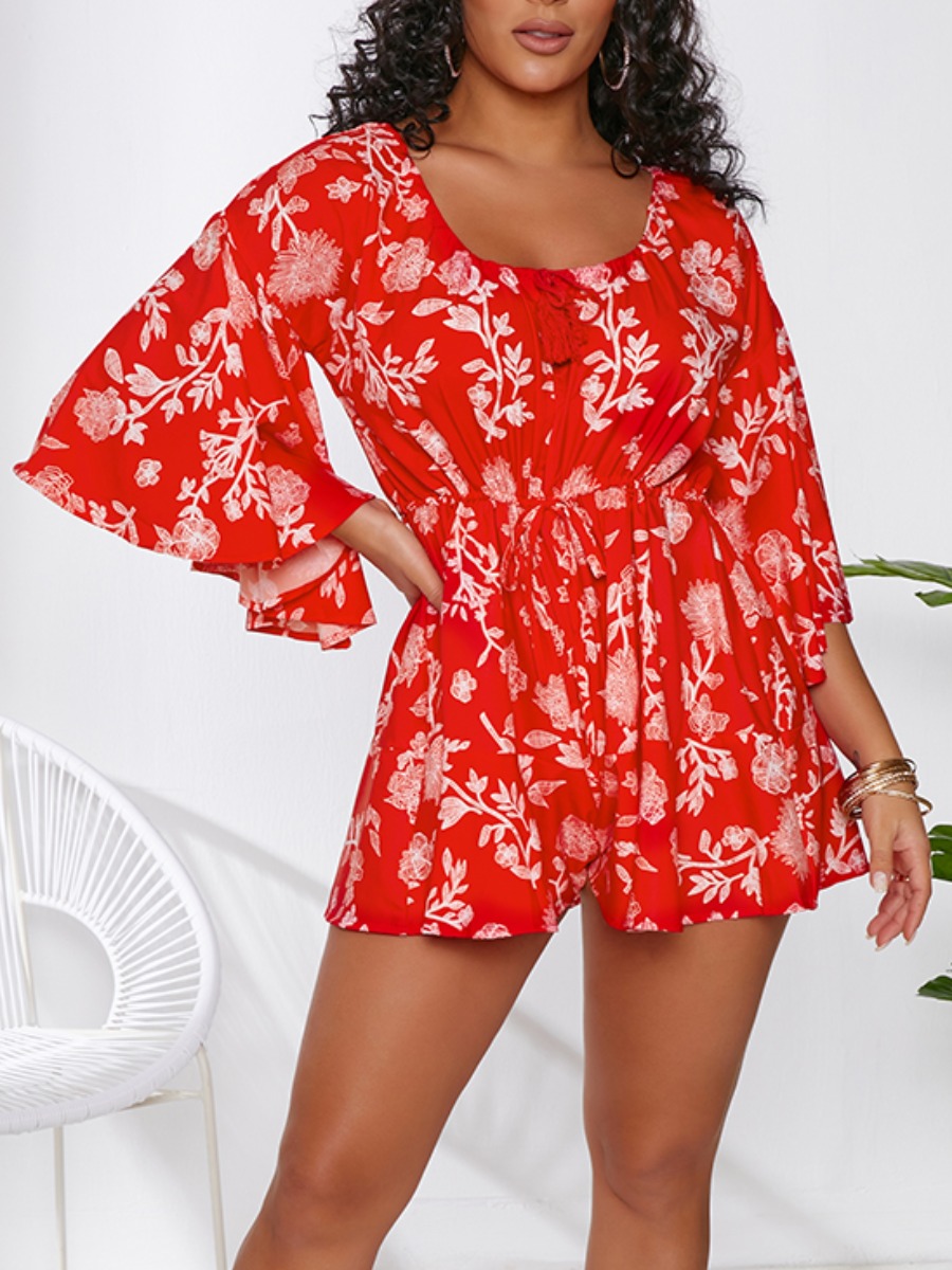 

Lovely Street Floral Print Flared Drawstring Red One-piece Romper
