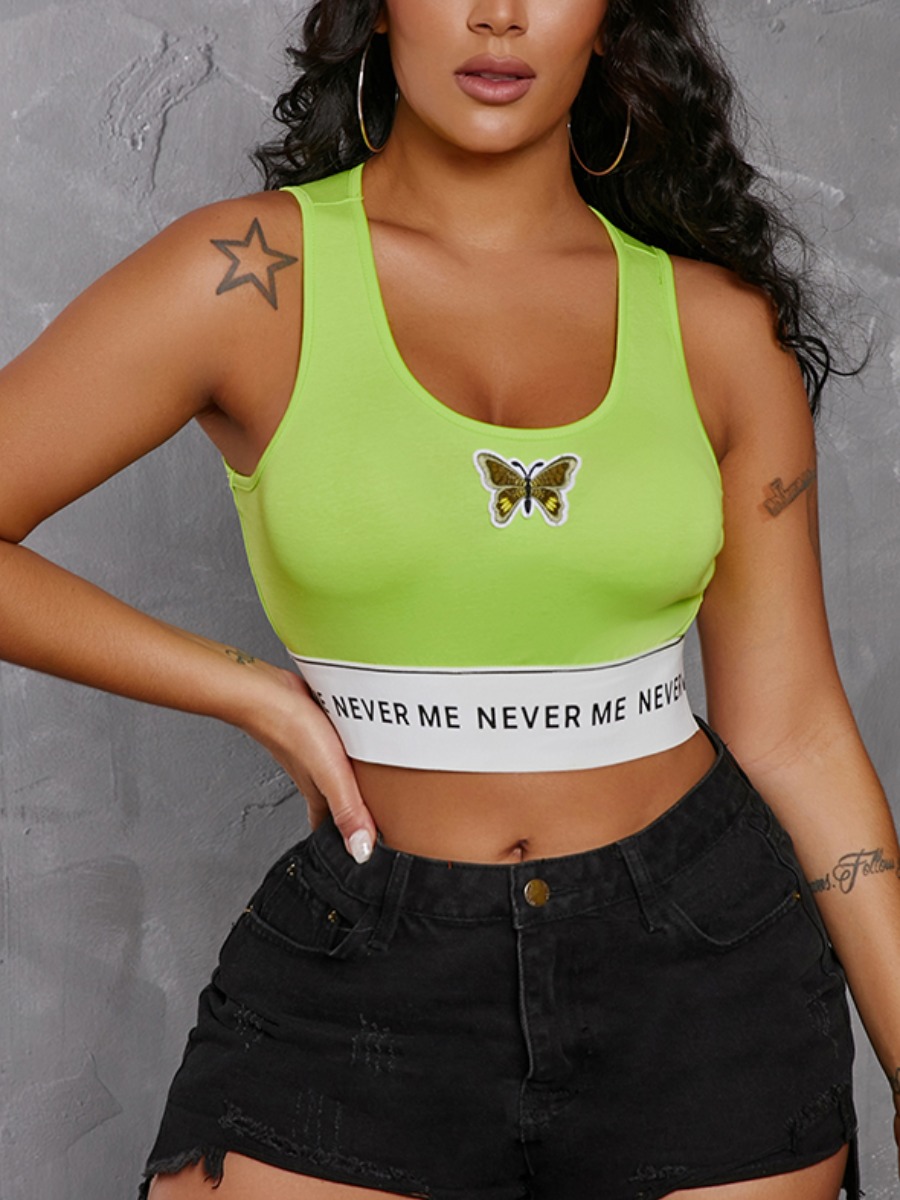 

Lovely Sporty Butterfly Letter Print Green Yoga Camisole