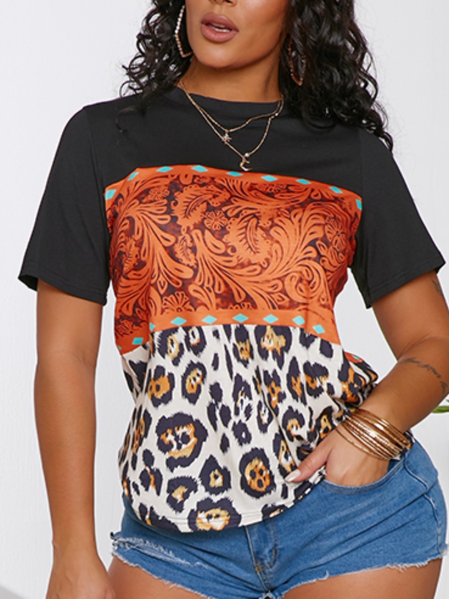 

Lovely Casual O Neck Leopard Print Patchwork T-shirt