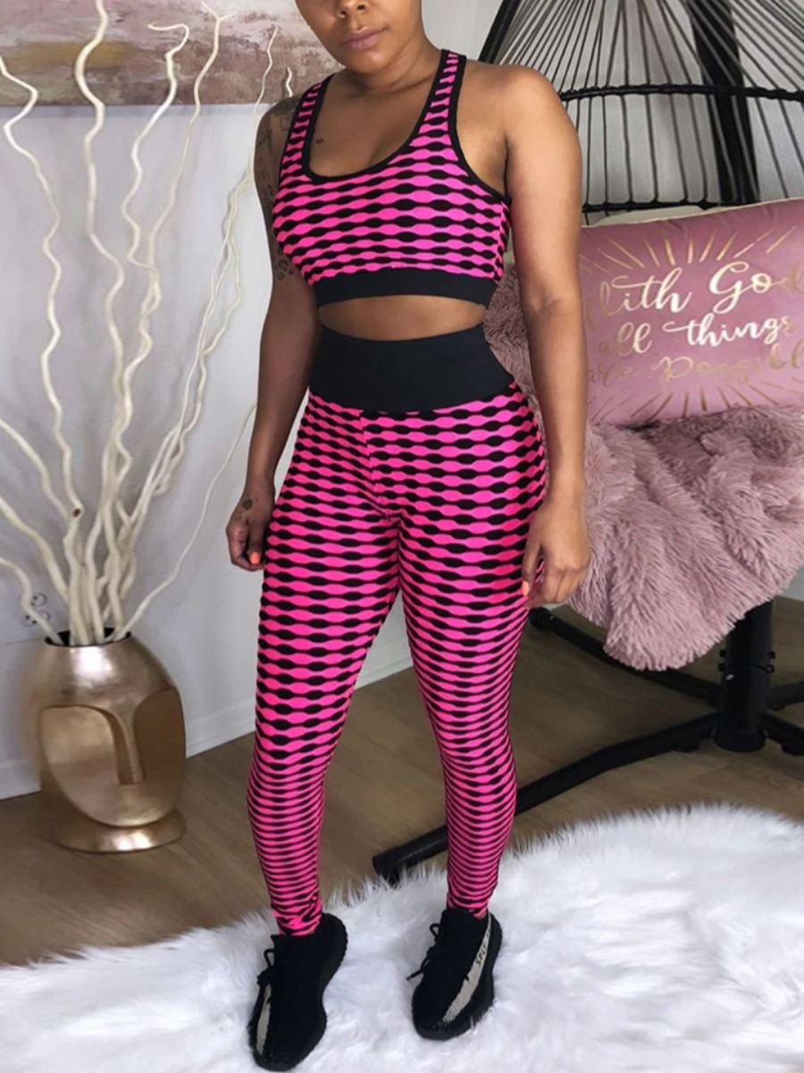 

LW Sporty U Neck Plaid Print Rose Red Two Piece Pants Set