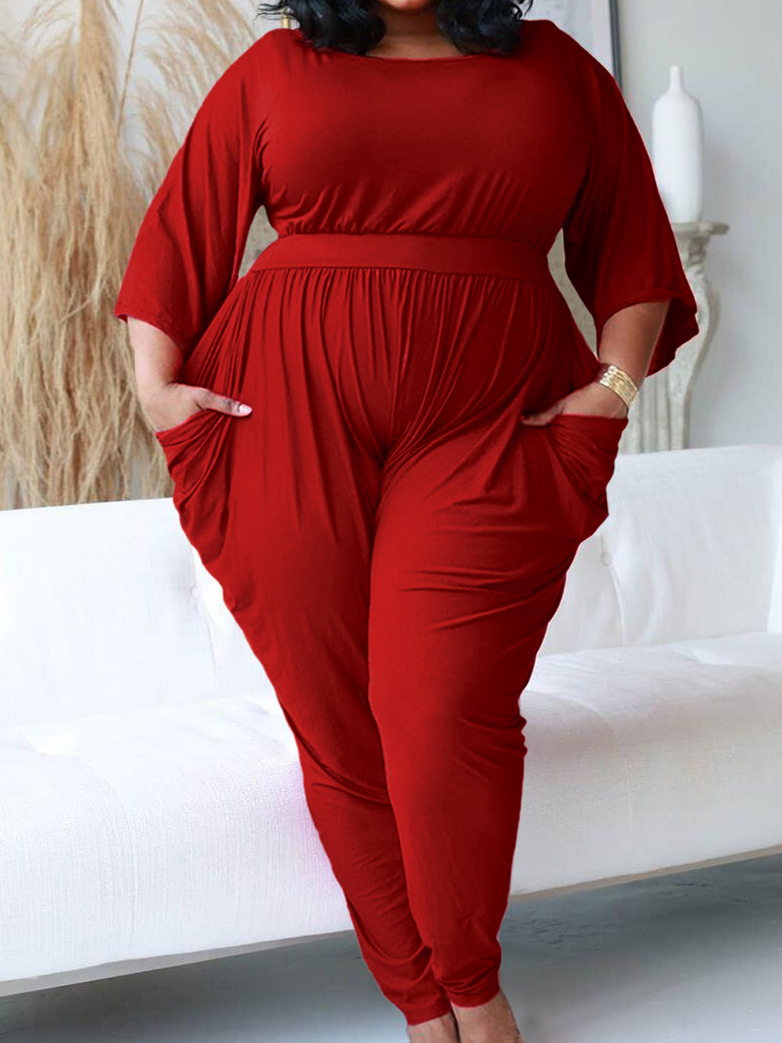 

Lovely Casual O Neck Pocket Design Red Plus Size One-piece Jumpsuit