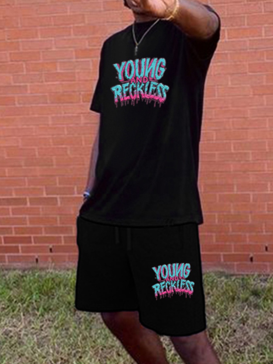 

LW Men Casual O Neck Letter Print Black Two Piece Shorts Set