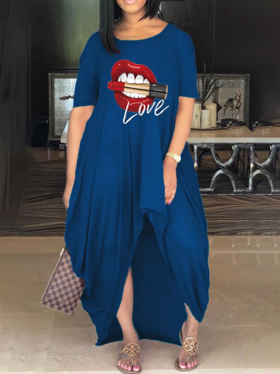 

Lovely Casual Lip Print Fold Design Blue Floor Length Asymmetrical Dress