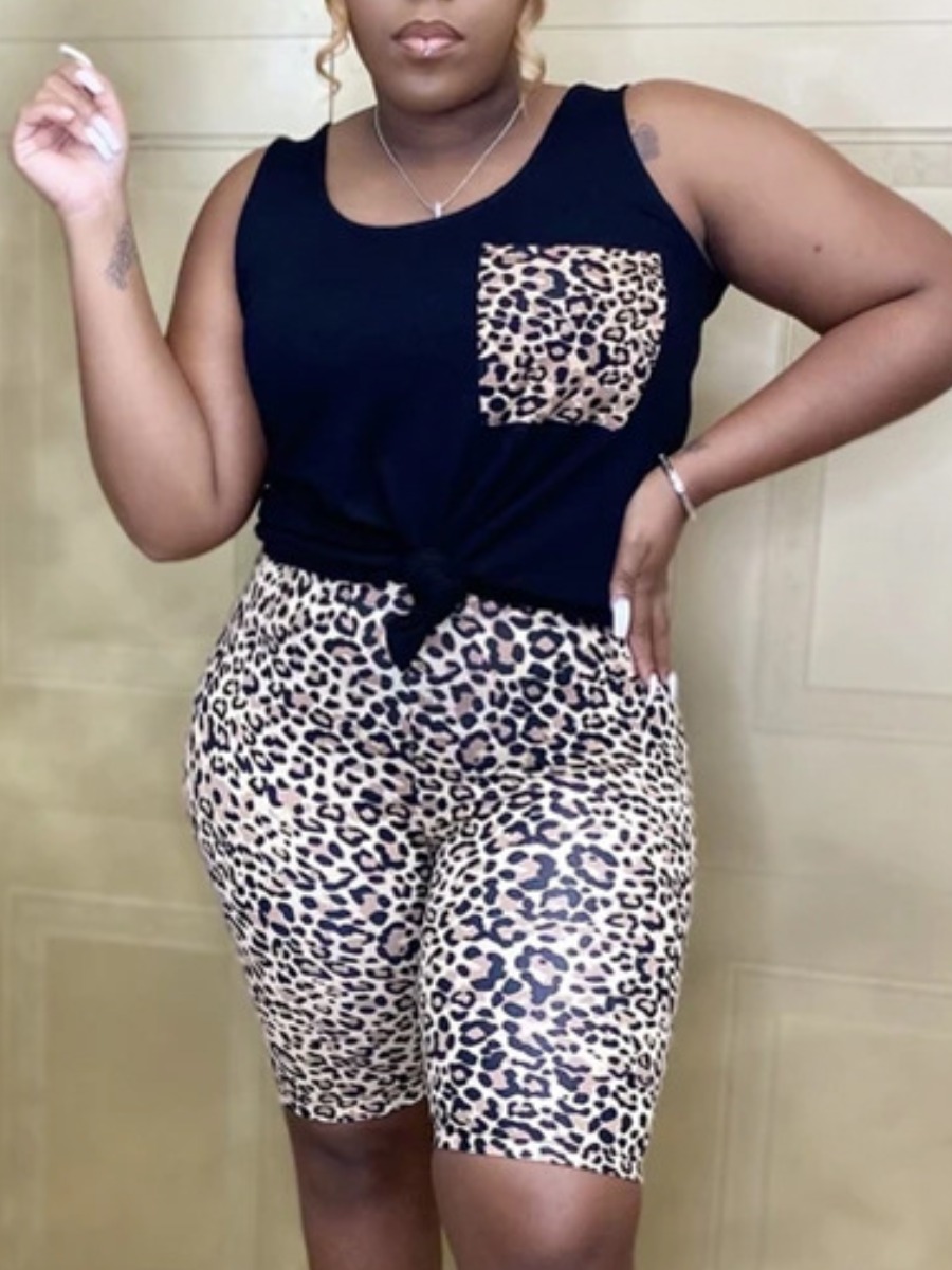 

Lovely Plus Size Casual U Neck Leopard Print Black Two-piece Shorts Set