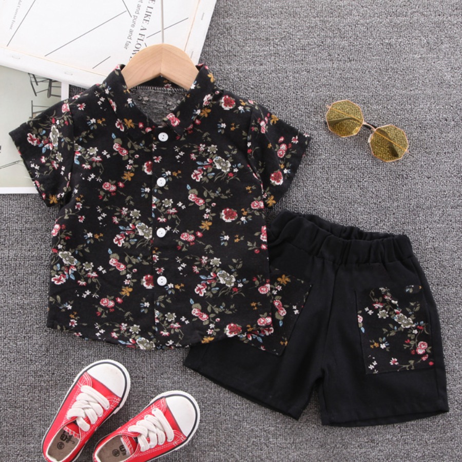 

Lovely Boy Boho Turndown Collar Floral Print Black Two Piece Shorts Set