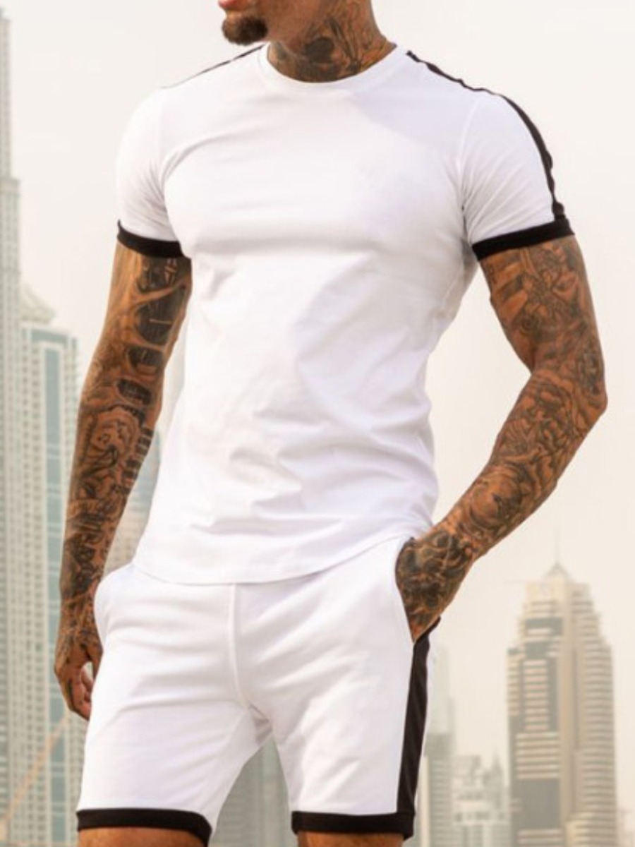 

Lovely Men Street O Neck Striped White Two Piece Short Set