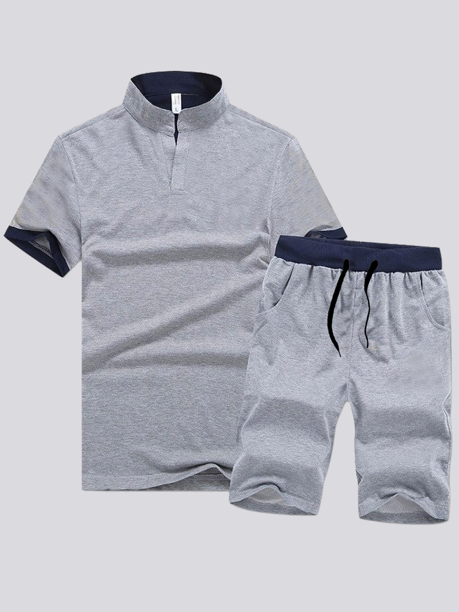 

Lovely Men Sporty Mandarin Collar Drawstring Grey Two Piece Shorts Set