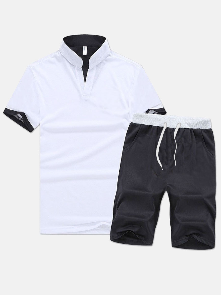 

LW Men Sporty Mandarin Collar Drawstring White Two Piece Shorts Set