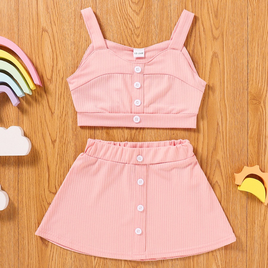 

Lovely Girl Casual Rib-Knit Button Design Pink Two Piece Skirt Set