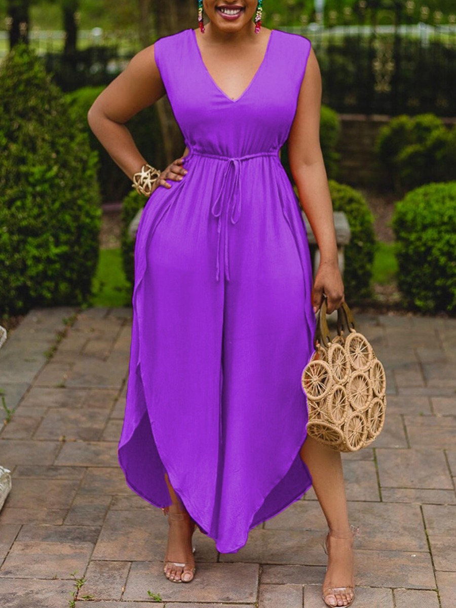 

Lovely Plus Size Casual Bandage Design Asymmetrical Purple One-piece Jumpsuit