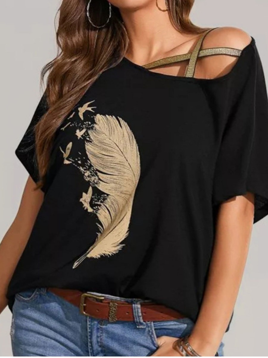 

Lovely Plus Size Casual Feather Print Hollow-out Black T-shirt