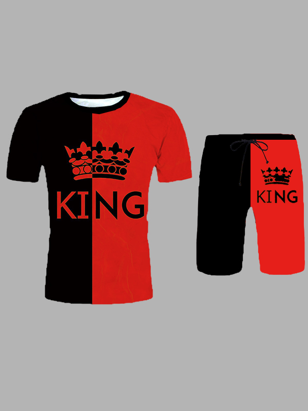 

LW Men Casual Crown Letter Print Patchwork Red Two Piece Shorts Set