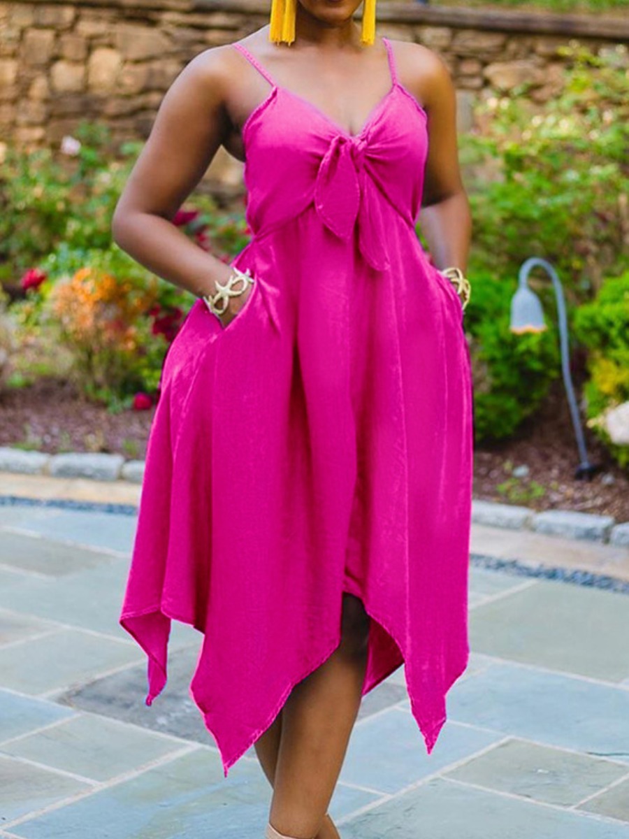 

Lovely Plus Size Casual Bandage Design Asymmetrical Rose Red Knee Length Dress