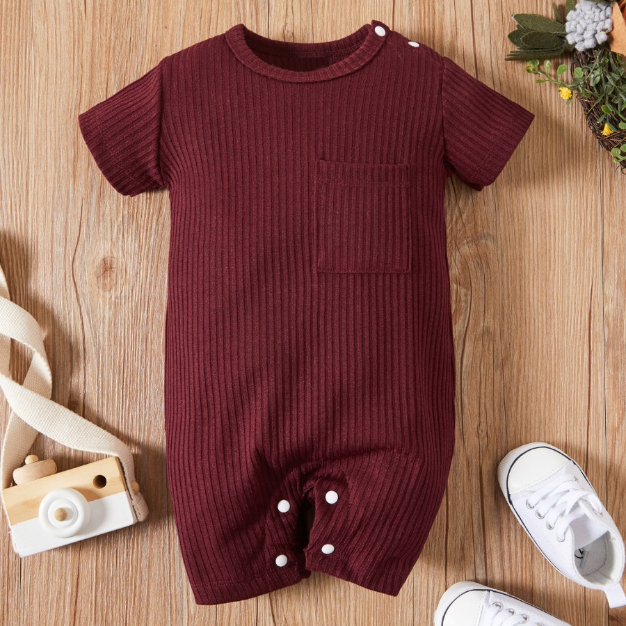 

Lovely Girl Casual Rib-Knit Button Design Wine Red One-piece Romper
