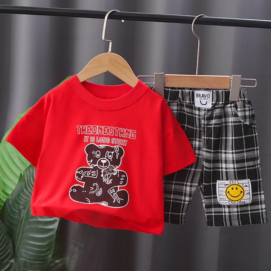 

Lovely Boy Casual Plaid Letter Print Red Two Piece Shorts Set
