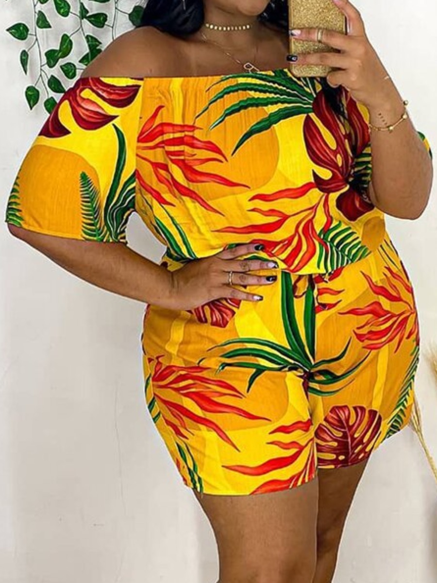 

Lovely Plus Size Casual Floral Print Drawstring Yellow One-piece Romper