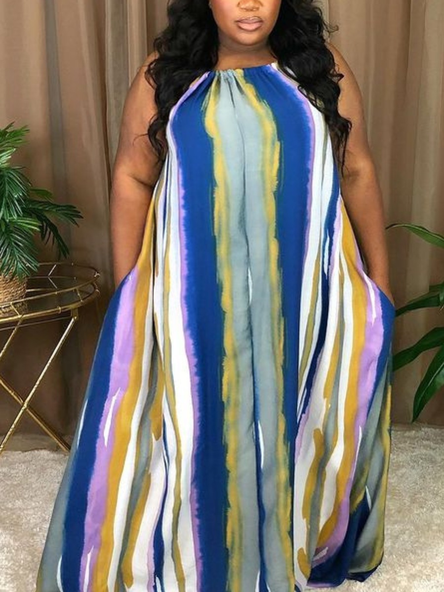 

LW Plus Size Boho Striped Pocket Design Blue Trailing Dress