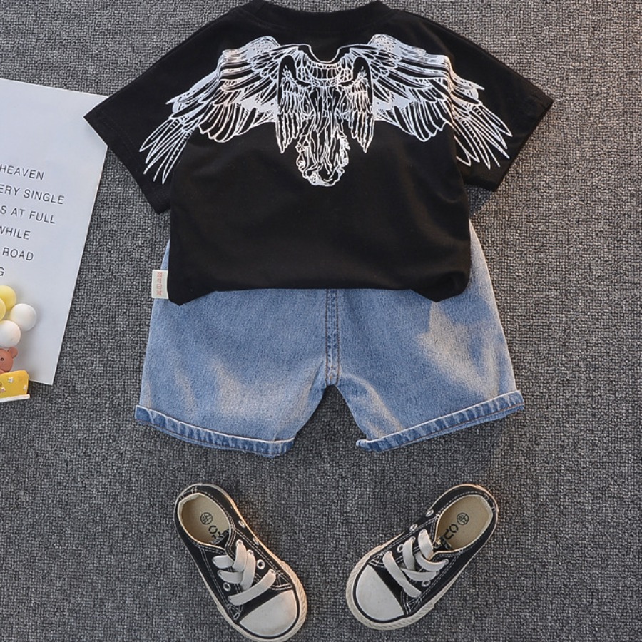 

Lovely Boy Street O Neck Bird Print Black Two Piece Shorts Set