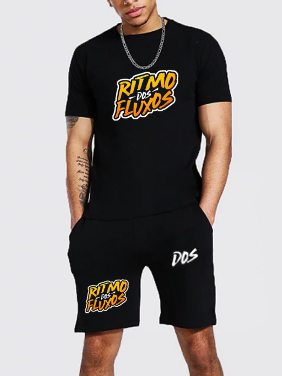 

Lovely Men Casual O Neck Letter Print Black Two Piece Shorts Set