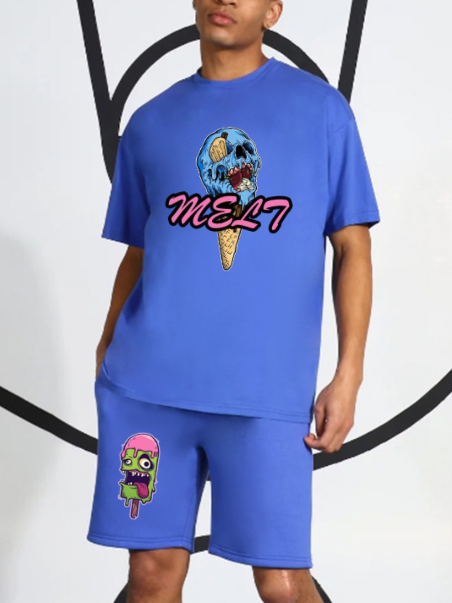 

Lovely Men Casual Skull Head Letter Print Blue Two Piece Shorts Set