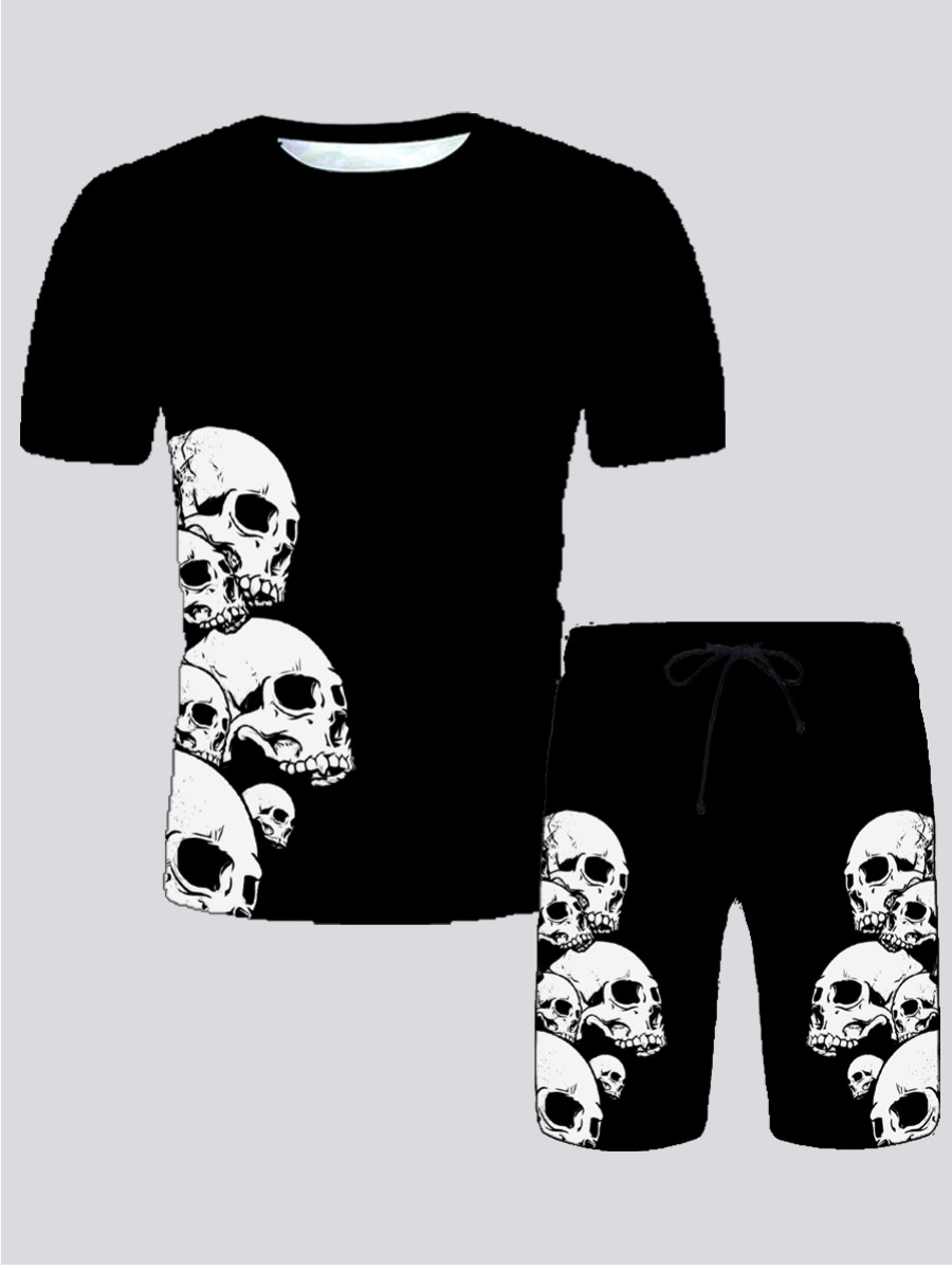 

Lovely Men Casual O Neck Skull Head Print Black Two Piece Shorts Set